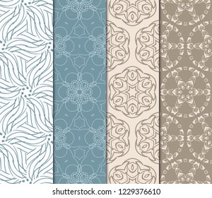 Set Of Floral Pattern. Seamless Ornament. Arabesque. Vector Illustration. Purple Color. For Design, Invitation Wedding, Valentine's, Background, Wallpaper.
