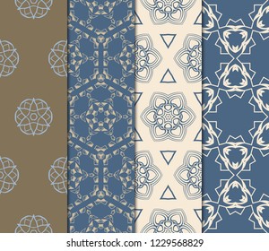 Set Of Floral Pattern. Seamless Ornament. Arabesque. Vector Illustration. Purple Color. For Design, Invitation Wedding, Valentine's, Background, Wallpaper.