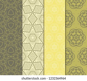 Set Of Floral Pattern. Seamless Ornament. Arabesque. Vector Illustration. Purple Color. For Design, Invitation Wedding, Valentine's, Background, Wallpaper.