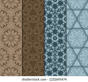 Set Of Floral Pattern. Seamless Ornament. Arabesque. Vector Illustration. Purple Color. For Design, Invitation Wedding, Valentine's, Background, Wallpaper.