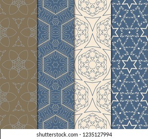 Set Of Floral Pattern. Seamless Ornament. Arabesque. Vector Illustration. Purple Color. For Design, Invitation Wedding, Valentine's, Background, Wallpaper.