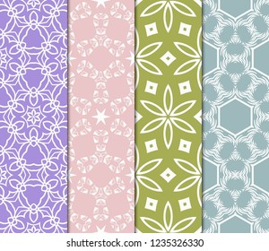 Set Of Floral Pattern. Seamless Ornament. Arabesque. Vector Illustration. Purple Color. For Design, Invitation Wedding, Valentine's, Background, Wallpaper.