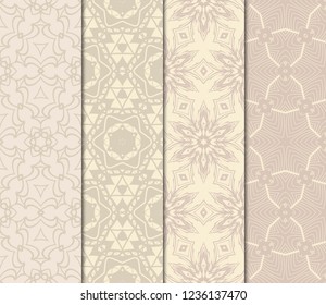 Set Of Floral Pattern. Seamless Ornament. Arabesque. Vector Illustration. Purple Color. For Design, Invitation Wedding, Valentine's, Background, Wallpaper.