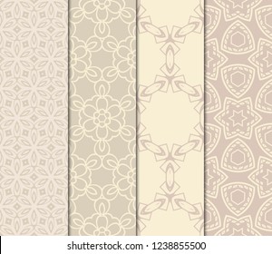 Set Of Floral Pattern. Seamless Ornament. Arabesque. Vector Illustration. Purple Color. For Design, Invitation Wedding, Valentine's, Background, Wallpaper.