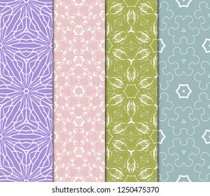 Set Of Floral Pattern. Seamless Ornament. Arabesque. Vector Illustration. Purple Color. For Design, Invitation Wedding, Valentine's, Background, Wallpaper.