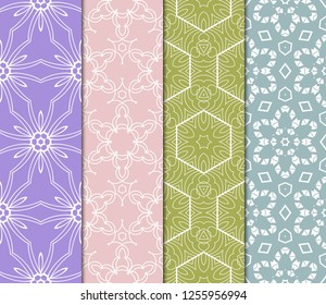 Set Of Floral Pattern. Seamless Ornament. Arabesque. Vector Illustration. Purple Color. For Design, Invitation Wedding, Valentine's, Background, Wallpaper.