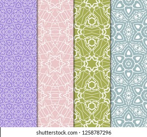 Set Of Floral Pattern. Seamless Ornament. Arabesque. Vector Illustration. Purple Color. For Design, Invitation Wedding, Valentine's, Background, Wallpaper.