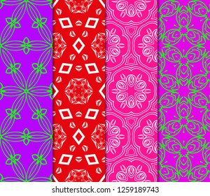 Set Of Floral Pattern. Seamless Ornament. Arabesque. Vector Illustration. Purple Color. For Design, Invitation Wedding, Valentine's, Background, Wallpaper.