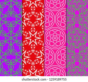 Set Of Floral Pattern. Seamless Ornament. Arabesque. Vector Illustration. Purple Color. For Design, Invitation Wedding, Valentine's, Background, Wallpaper.