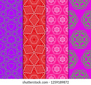 Set Of Floral Pattern. Seamless Ornament. Arabesque. Vector Illustration. Purple Color. For Design, Invitation Wedding, Valentine's, Background, Wallpaper.