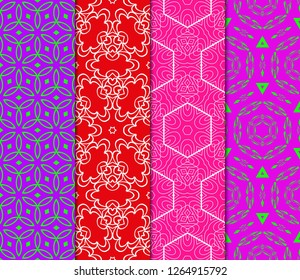 Set Of Floral Pattern. Seamless Ornament. Arabesque. Vector Illustration. Purple Color. For Design, Invitation Wedding, Valentine's, Background, Wallpaper.