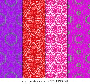 Set Of Floral Pattern. Seamless Ornament. Arabesque. Vector Illustration. Purple Color. For Design, Invitation Wedding, Valentine's, Background, Wallpaper.