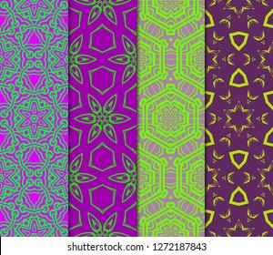 Set Of Floral Pattern. Seamless Ornament. Arabesque. Vector Illustration. Purple Color. For Design, Invitation Wedding, Valentine's, Background, Wallpaper.