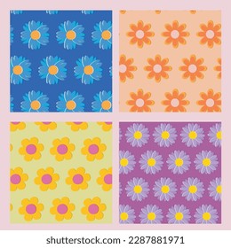 conjunto de motivos florales, azul, naranja, amarillo y violeta