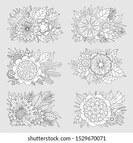 Set of floral patterns. Coloring Book Page. Decorative Composition with Flowers and Leaves.