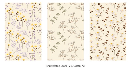 Set of floral patterns in flat style. Vector wallpaper with flowers. Pastel shades.
