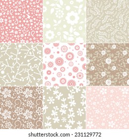 Set of floral patterns with flowers in pastel colors