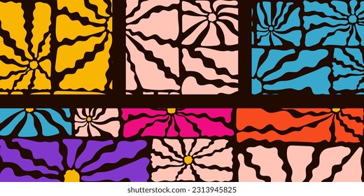 Set of Floral Patterns. Geometric colorful flowers. Vector illustration.