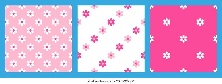 Set of floral patterns for girls. Pink flowers are evenly distributed over white magenta backgrounds. Collection of nice girlish seamless daisy prints. Ornament of six petalled chamomile inflorescence