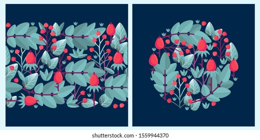 Set of Floral patterns with leaves and berries. Endless texture in the form of a strip and circle pattern. Delicate colorful plants. Vector illustration with elegant leaves on a deep blue background.