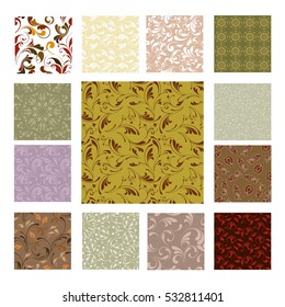 Set of floral patterns. Seamless samples for design and decoration of fabrics, paper and interior.