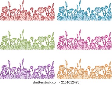 A set of floral patterns in six colors for a background or a postcard. At the bottom - monochrome roses, at the top - clean. Roses are isolated (without background). Vector graphics.