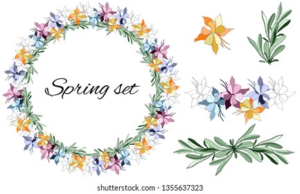 Set of floral patterns Vector wreath of colorful flowers and green leaves. Vector brushes for decorating cards, designer greetings