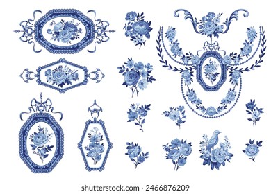 Set of floral pendants and rose bouquets in blue color