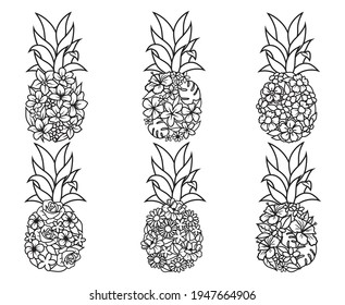 Set of floral pineapples. Collection silhouettes of an exotic fruit with leaves. Fresh vitamins. Design for t-shirt. Vector illustration of pineapple party decoration .