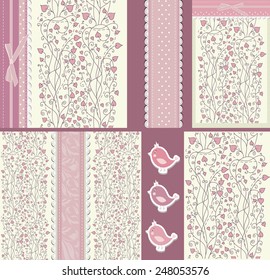 Set of floral pink background for design, invitation, birthday, kid, baby greeting card. Vector illustration.