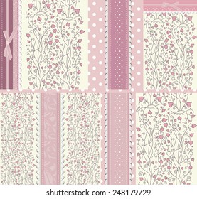 Set of floral pink backgrounds for design, invitation, birthday, kid, baby greeting card. Vector illustration. 