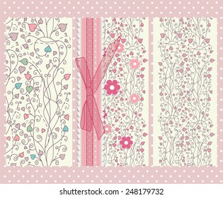 Set of floral pink backgrounds for design, invitation, birthday, kid, baby greeting card. Vector illustration. 
