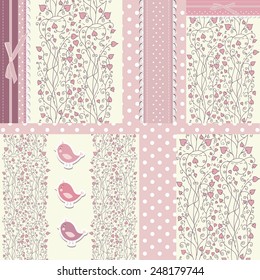 Set of floral pink backgrounds for design, invitation, birthday, kid, baby greeting card. Vector illustration. 