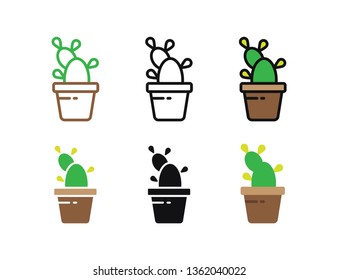 Set floral plants and blooming cactus in pots isolated with line, flat and glyph icon styles on white background. vector illustration