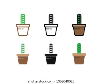 Set floral plants and blooming cactus in pots isolated with line, flat and glyph icon styles on white background. vector illustration