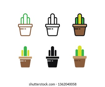 Set floral plants and blooming cactus in pots isolated with line, flat and glyph icon styles on white background. vector illustration
