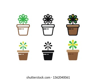 Set floral plants and blooming cactus in pots isolated with line, flat and glyph icon styles on white background. vector illustration