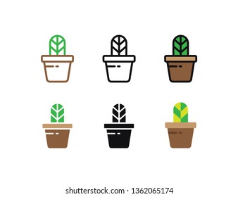 Set floral plants and blooming cactus in pots isolated with line, flat and glyph icon styles on white background. vector illustration