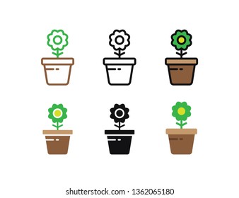 Set floral plants and blooming cactus in pots isolated with line, flat and glyph icon styles on white background. vector illustration