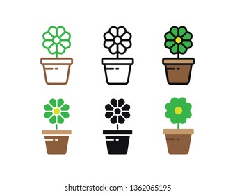 Set floral plants and blooming cactus in pots isolated with line, flat and glyph icon styles on white background. vector illustration