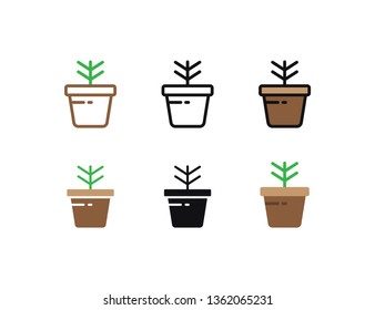 Set floral plants and blooming cactus in pots isolated with line, flat and glyph icon styles on white background. vector illustration