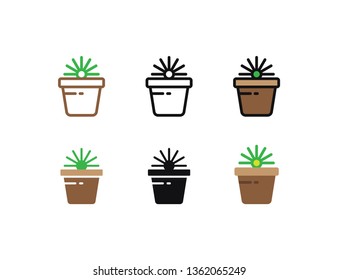 Set floral plants and blooming cactus in pots isolated with line, flat and glyph icon styles on white background. vector illustration