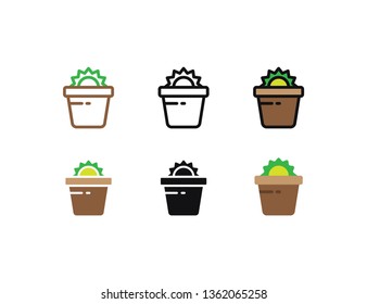 Set floral plants and blooming cactus in pots isolated with line, flat and glyph icon styles on white background. vector illustration