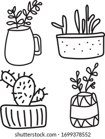 Set floral plants and blooming cactus in pots isolated on white background circuit vector illustration.