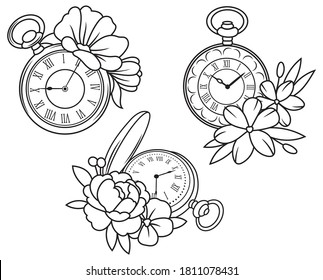 Set of floral pocket watches. Collection of compositions with a flower and a pocket watch on a chain. Clothes accessory. Vector illustration of vintage clock design. Time symbol. Tattoo.