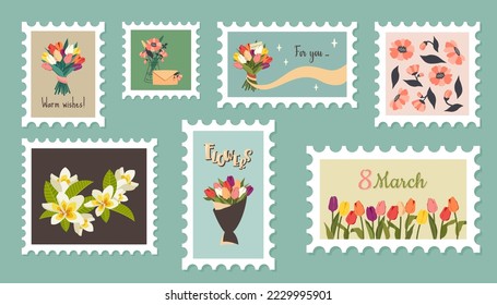 Set of floral postage stamps. Beautiful paper mail stickers with tulips, peonies, plumeria flowers, leaves, wildflowers. Concept of mail and mail. Spring postmarks with greeting text. Vector 