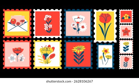 Set of floral postage stamps. Collection of decorative cards with flowers. Floral decoration and botanical design.