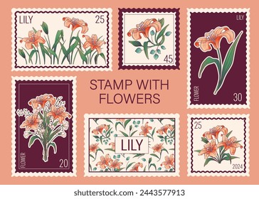 Set of floral postage stamps with illustration of lily flowers, bouquets. Vector illustration perfect for design of flower shop, envelope decoration.