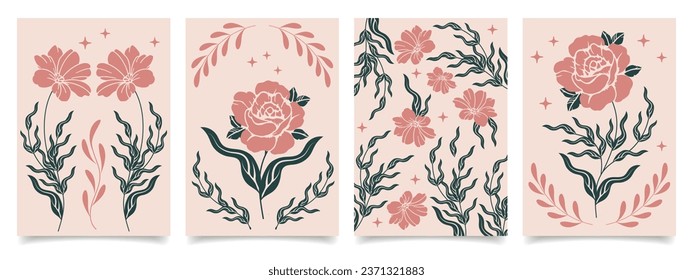 Juego de afiches florales al estilo boho. Colección de tarjetas retro con flores místicas. Vector