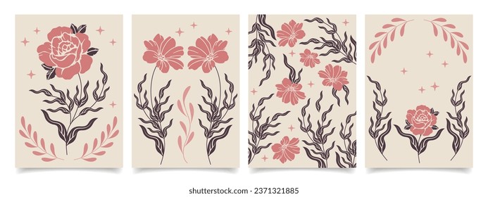 Set of floral posters in boho style. Collection of retro cards with mystical flowers. Vector